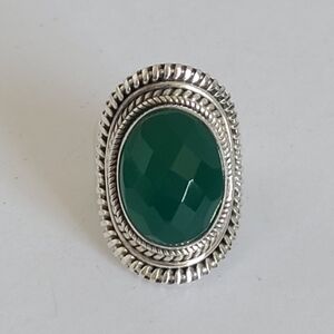 Vintage Boho Tribal Sterling Silver Chunky Faceted Green Onyx Full Finger Ring